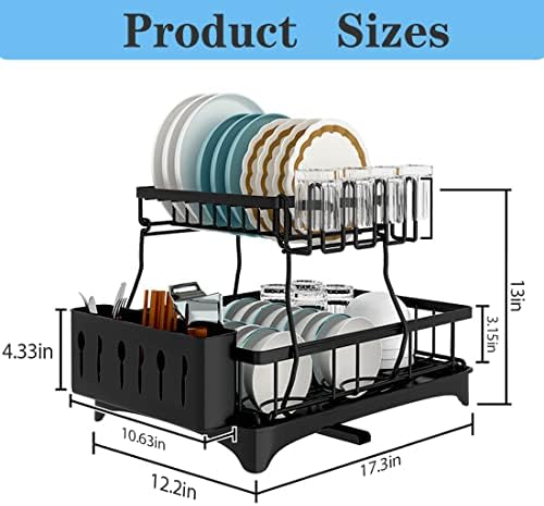 Rack de secagem de pratos HHXRISE, rack de prato grande de 2 camadas e conjunto de drenagem para balcão de cozinha,