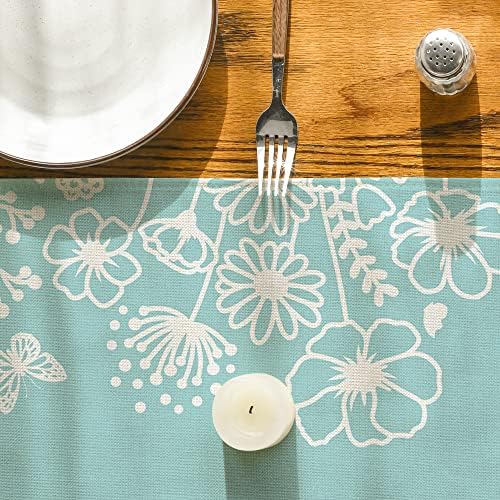 Modo Artóide Blue Bloom Flowers Butterfly Spring Table Runner, Decoração sazonal de mesa de cozinha para festas para festa