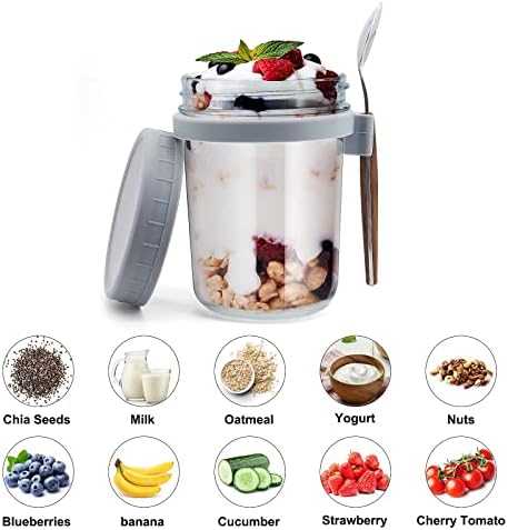 GENCAM Overnight Oats Contêiner com tampa e colher, contêiner de aveia àeronave de vidro de 12 oz, 2 pacote de pedreiro com tampa para salada de cereal jam café da manhã para ir recipientes