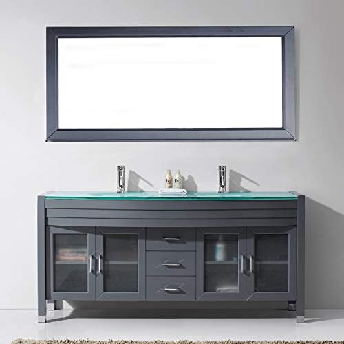 Virtu USA UM-3073-G-G-gr 71 Vantidade de banheiro duplo em cinza com tampa de vidro temperado aqua e pia redonda com torneira cromada polida e espelho, 71 polegadas, cinza frio