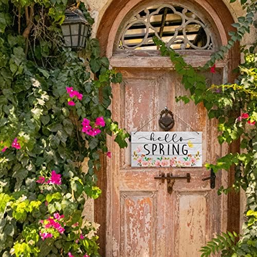 Olá, placa de decoração de parede da primavera, decorações de primavera para a porta do quarto da casa varanda rústica Flora pendurada sinal de primavera Decoração de primavera de fazenda ao ar livre, Flor rosa