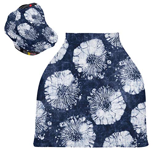 Yyzzh Shibori Motivo Floral Motivo Tie Dye Indigo Shades Iris Flor Flor Excelente Capa do assento do carro infantil Tampas de enfermagem infantil Cobertura de amamentação Tampa de inverno à prova de vento respirável para meninos meninas