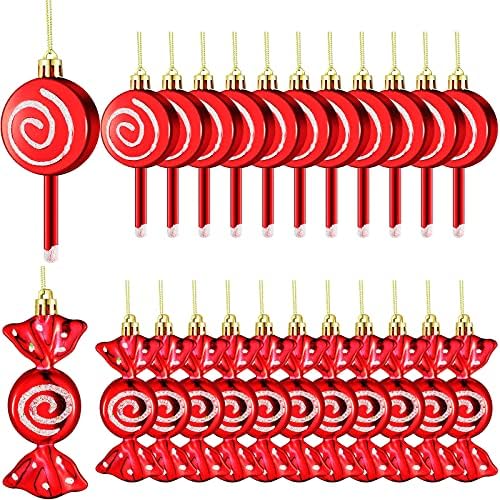 24 Peças Candy Lollipop Ornament Set 2 Styles Vibrante Red White Candy Cane Ornamento de Natal Decorações de Padrão Lollipop com corda para Festival de Festival de Festival de Natal