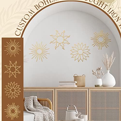 Pelopy 4 PCs Boho Metal Wall Art Boho Metal Resumo Decoração de parede Gold 7,87 polegadas Bohemia Sunburst Decoração de parede pendurada Sun Decoration for Bedroom Room de cozinha escultura de parede da fazenda da fazenda