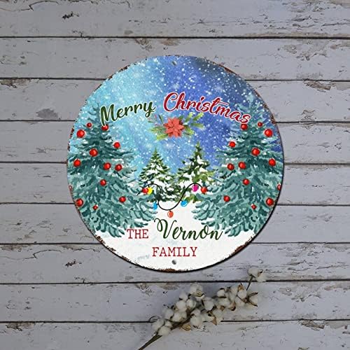 Christmas Wreath Signs Nome de família personalizado Lâmpada de férias árvore redonda de metal lata Decorações de parede de