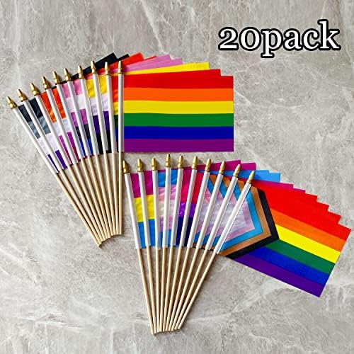 Lybutty Progress Rainbow Gay Pride Bandeiras colocadas em Wood Stick Small Mini Hand Hold LGBTQ Flags inlincusive, 5x8 polegadas, 20 pacote