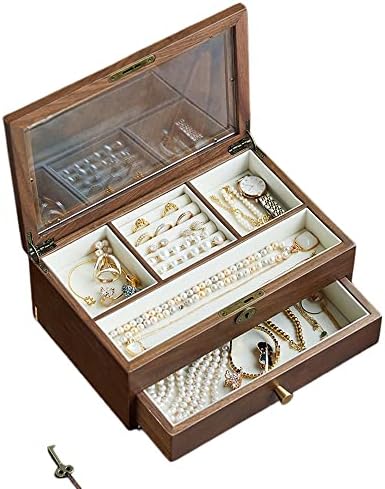 Caixa de jóias de madeira - suporte de jóias transparentes - com estojo organizador de jóias de travamento para colar, brincos, anéis e pulseiras - perfeito para homens e mulheres