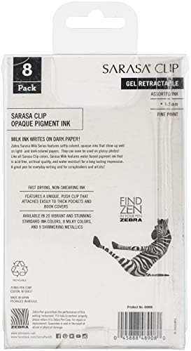 Caneta de gel de clipe de clipe de caneta zebra sarasa, ponto fino, 0,5 mm, cores variadas de leite, 8-pacote
