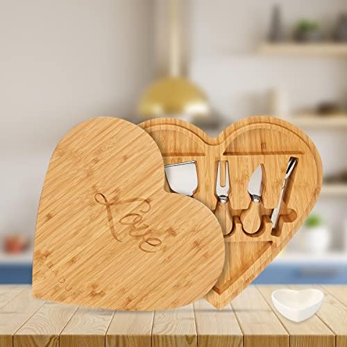 Bambu Heart Charcuterie Board Set Setting Day Day Gift for Mum Cheese Bandey Faca para servir queijo, bolachas e aperitivos em festas, Melhor presente para casamentos Anniversários de namorados