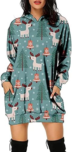 Capuz do mole feminino Vestido 2022 Moda Moda Longa Cristóstres de Impressão de Natal com bolso Túdos de túnica de pulôver casual de Natal