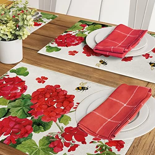 Seliem Spring Gerânio Flowers Placemats Conjunto de 4, mesa de jantar de abelhas vermelhas, tapetes de lugar, decoração de cozinha da fazenda sazonal de verão decoração de 12 x 18 polegadas