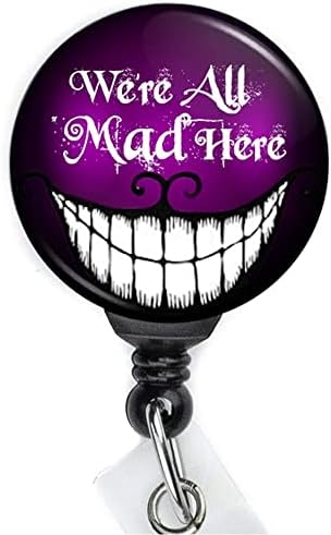 Somos todos loucos aqui-Halloween Alice no País das Maravilhas Cheshire Cat, Smile Face Reel retrátil com clipe de swing, titular