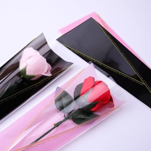 100 contagens de bolsa de embalagem floral única, manga de rosa única, rosa única e papel de embrulho de flores, bolsa