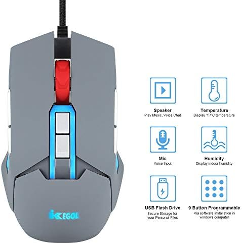Ikkegol USB Gaming Mouse com mouse bloco, 9 botões programáveis, com alto -falante, microfone, temperatura e umidade,
