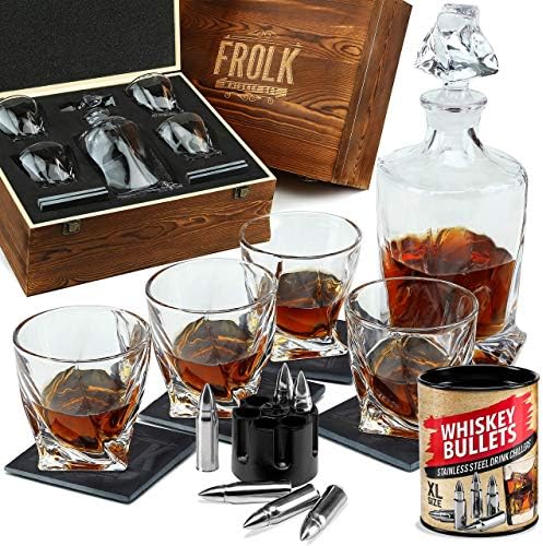 Frolk Whisky Decanter Set com 4 pacote de óculos de uísque com 6 Bullets XL Grande presente para os amantes de uísque!