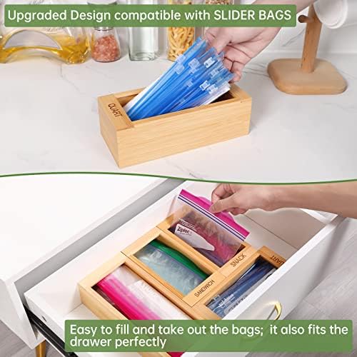 Organizador do saco de ziplock, organizador natural da gaveta de bambu para cozinha, porta -malas de plástico, suporte