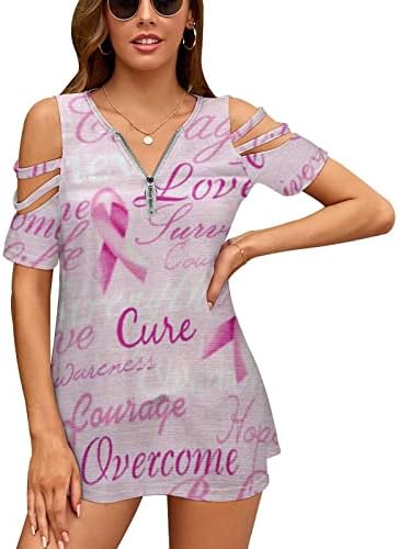 Fita de fita fofa Consciência do câncer de mama Camisas finas de ombro feminino de manga curta T-shirt casual V Bloups de zíper de