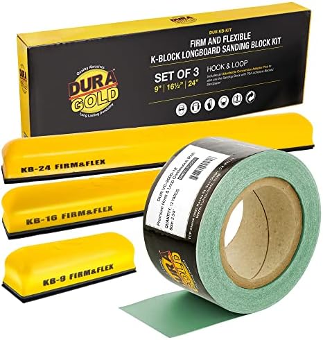 Dura-Gold Pro Série K-Block Firm & Flex Hand Landing Block Kit com backing de gancho e loop e adaptador PSA Pad & 2000 Grit Green Landpaper Roll