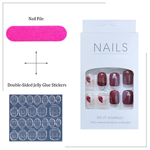 24 PCS Pressione o coração em unhas, quadrado vermelho brilhante unhas falsas Frances Padrão de xadrez FALKS UNIGES FALHOS COM UNIDAS DE CURTO CAPA