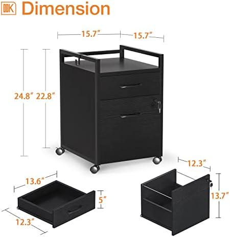 Gabinete de arquivo de gaveta ODK 2, armários móveis com trava, armário de arquivamento vertical se encaixa no tamanho da letra ou no tamanho da impressora com prateleira para o escritório em casa, preto