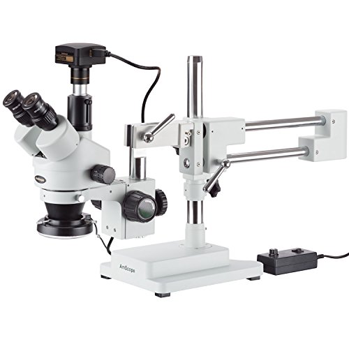 AMSCOPE 3.5X-90X Microscópio de zoom de estéreo simul-focal no suporte de boom com 144 luminária de anel liderada e câmera