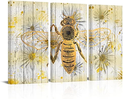 Fushvre 3 painel Mel abelha Arte da parede Arte de parede Gold Bumblebee Inseto com Poster de Flor Daisy Rússica Impressões