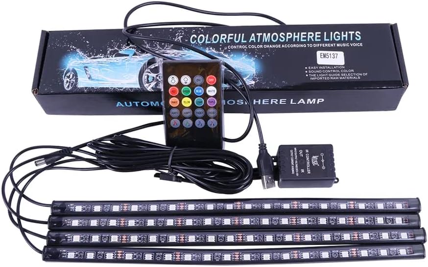 Luzes de LED de carro para interior, 4 luzes de tira para o painel sob o assento piscando, controle musical de 4 modos, modos de salto e desbotamento, modo de cor sólida, remoto, 72 LEDs multicolor