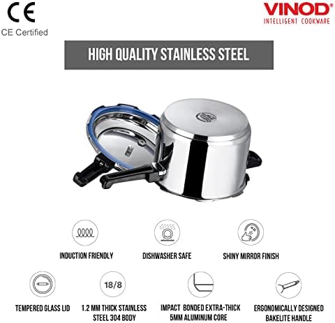 Aço inoxidável da panela de pressão Vinod - tampa externa - 5 litros - panela base de indução - panela de pressão indiana - sanduíche - Bottom - melhor usado para cozinhar indiano, sopas e receitas de arroz, quinoa