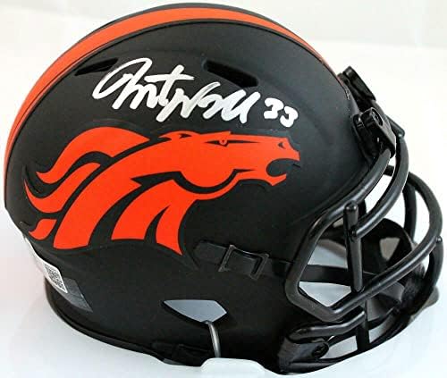 Javonte Williams autografou o Denver Broncos Eclipse Speed ​​Mini Capacete Holo - Mini Capacetes Autografados da Faculdade