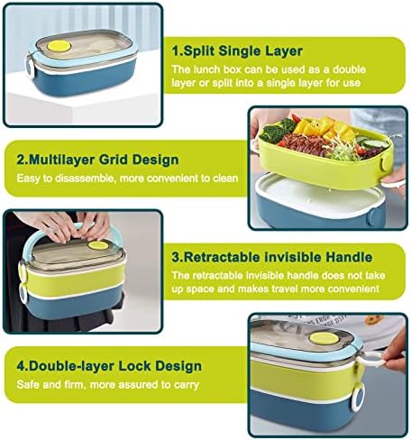 Landmore Bento Lancheira, caixa de bento de 1.6L de 1,6L de all-in-one para adultos, design de alça, livre de BPA e à prova de vazamentos, conjunto de utensílios de plástico embutido