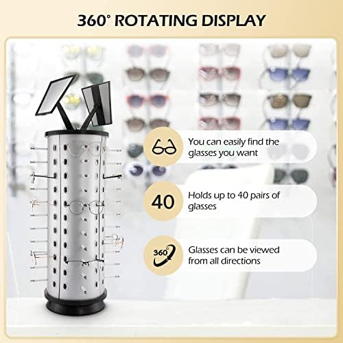 Varipowder 360 ° Vicios rotativos Disponibe óculos de sol Sunglasses Organizador Origo rack Óculos Turnando a exibição comercial Stand Top Top Sunglasses Rack de exibição com espelho para 44 pares de óculos