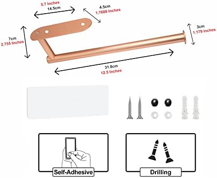 Suporte de toalhas de papel - perfuração de rolos de tecido de montagem de parede livre sob o rack de gabinete para cozinha - auto -adesivo Gold Rose Aluminum Tissue Toard Rack para banheiro