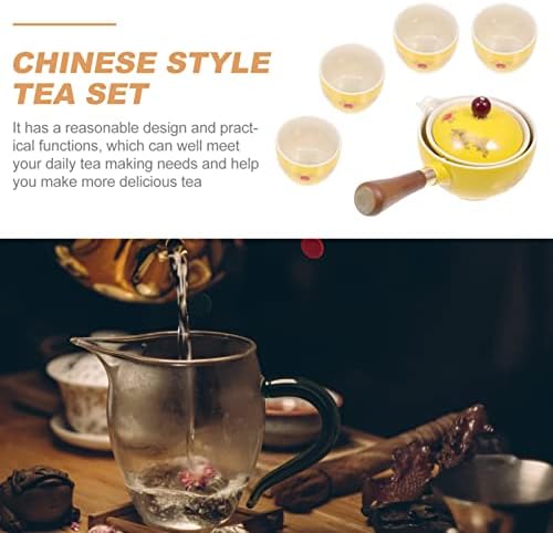 Happyyami portátil xícara de chá 1 conjunto 360 Spill à prova de rotação de panela de chá com 4 xícaras de xícaras lateral