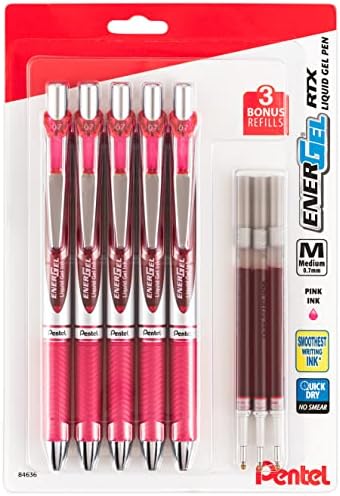 Pentel Energel 0,7 mm Gel de tinta líquida Cenas de tinta - Pacote de 5 canetas de energia rtx de luxo rosa com 3 recargas