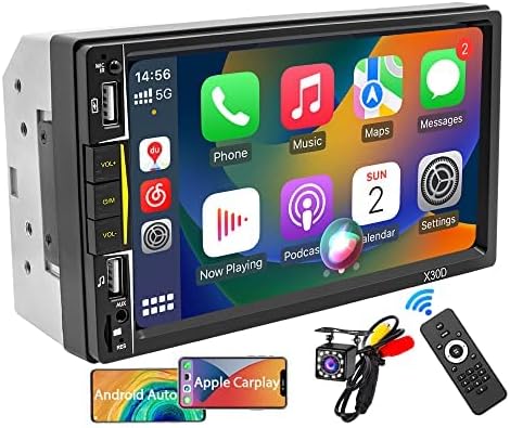 Estéreo de carro duplo de 7 polegadas com Apple CarPlay e Android Auto, Rádio Touchscreen HD CLD com 2 portas USB Bluetooth 5.0 e 12LED Backup Camera, Receptor de áudio de carro com espelho por telefone Link