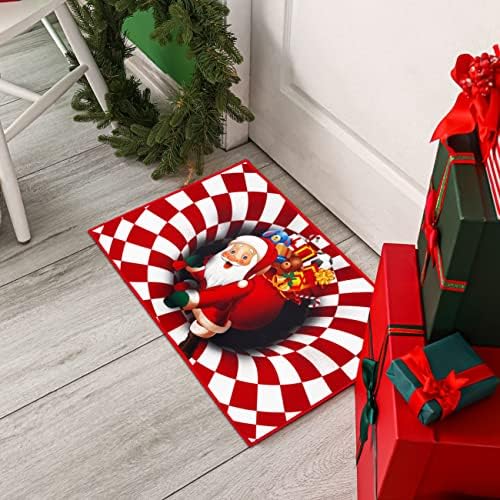 Ilusão Porta de Natal Mat Natal Papai Noel com presentes 3D Vortex visual Red e Branco Plaid Tapete Para a porta da