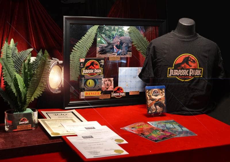 Jurassic Park Steven Spielberg e Laura Dern, Autografos, Prop Ferns. T-shirt, mapa da imagem do computador de Isla
