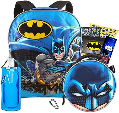 Avanço rápido do Batman Backpack e lancheira - pacote com mochila Batman para meninos 8-12, lancheira Batman, bolsa de água, mais | Contêiner de almoço do Batman