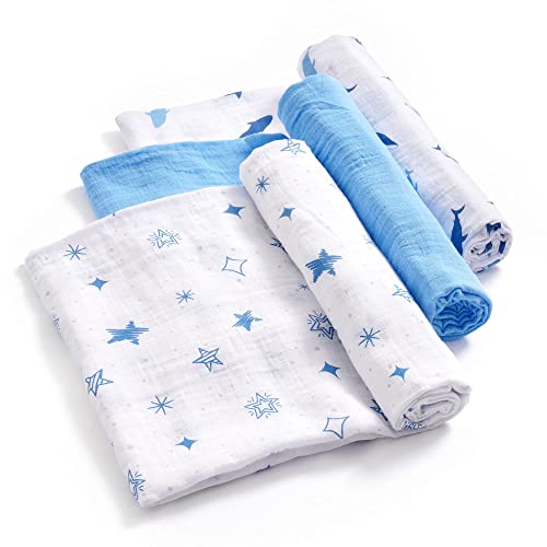 Cobertores Dayu Muslin Swaddle para bebês recém -nascidos, cobertores de musselina de bebê de algodão respirável para meninos, 47 ”x47”, conjunto de 3 - azul/golfinho/estrela