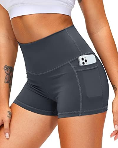 Shorts de ioga de cintura alta feminina com bolsos laterais Controle de barriga de ginástica de ginástica shorts de motoqueiro