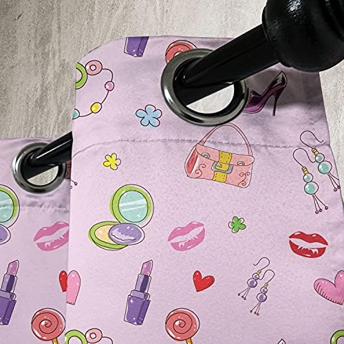 Cortomet Crommet Crommet Ambesonne, ilustração de meninas com acessórios de moda e maquiagem de estampa de flor de lollipop, cortinas decorativas de painel único para sala de estar, 50 x 60, multicolor