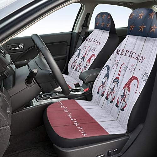 Youngkids Independence Day Gnome Print Car Seat Capas de 2 peças Conjunto de peças de carro frontal universal Almofada para SUV/carros/caminhões, EUA American Flag Wood Automotive Seat Protector Decoração fácil de instalar