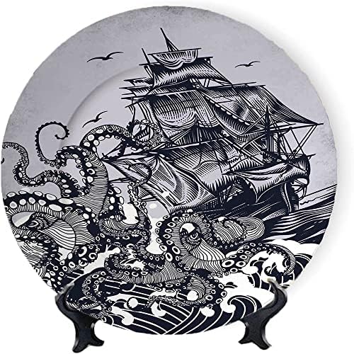 Placa decorativa de cerâmica náutica, 10 , navio antigo no oceano em ondas chuvoso tempestuoso clima ilustração, com estante de exibição, para decoração de casa de cozinha de festa, Natal, festa, azul cinza azul