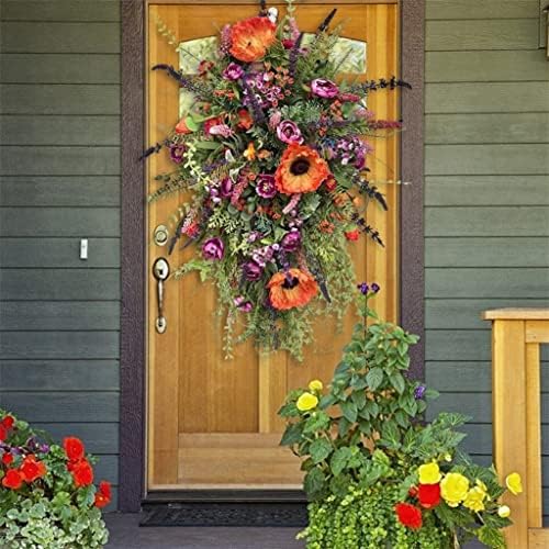 TJLSS Flores artificiais Porta da frente pendurada Porta de mola Decorativa Garland Farmhouse Colorful Spring Greath