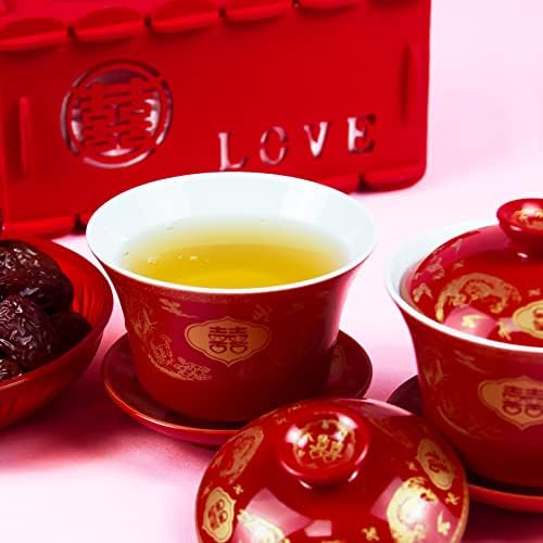 KCGANI 1 Casal Conjunto de chá de porcelana de casamento vermelho, decoração de pires da tigela tradicional da capa chinesa, xícara de panela de chá de cerâmica, Treureen para Cerimônia Gift Decor de festa de aniversário, 3.7