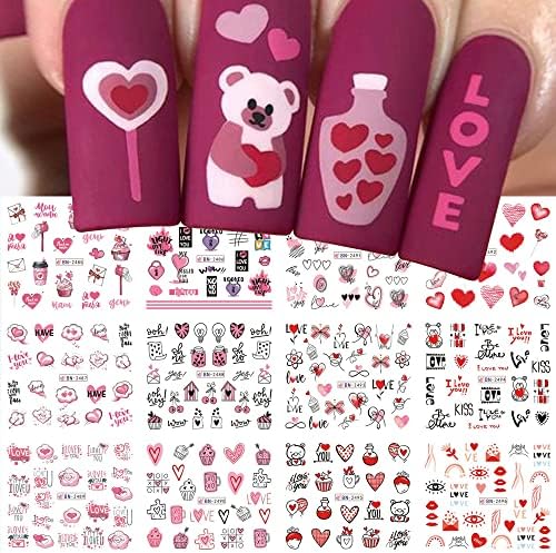 3D adesivos de unhas do dia dos namorados, decalques de unhas de coração rosa