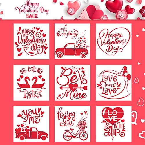 Langfon 9 peças do dia dos namorados estênceis para pintar em madeira Valentine Truck Swan Love Words