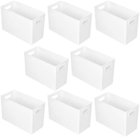 Mdesign Plástico Alto de bandeja organizadora de cozinha armário de cozinha, geladeira, caixa de armazenamento da organização de alimentos freezer com alças, organizador de contêiner de gavetas - coleção Ligne - 8 pacote - branco