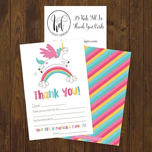 Hadley Designs 25 Cartões de agradecimento de crianças unicórnio, preencha notas de agradecimento para crianças, em branco, obrigado por presentes de aniversário, papelaria para crianças meninos e meninas