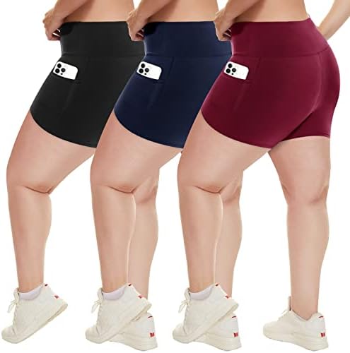 HltPro 3 pacote de shorts de bicicleta de tamanho grande com bolsos para mulheres - 5 de cintura alta Spandex Yoga Shorts de corrida